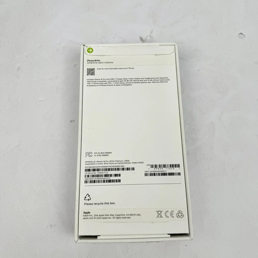 Apple IPhone 16 Pro Box Only‎ 128GB White Titanium MYMA3LL/A Empty Retail